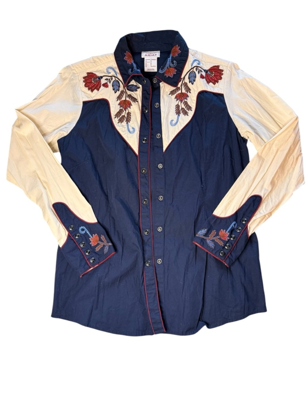 Ariat Western Embroidered Snap Shirt Medium Navy Cream Floral Cowboy Rodeo